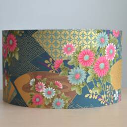 Golden Blue Japanese Fabric Table Lamp, Fan & Multi-Colored Flowers, Flower Floor Cotton Suspension - thumbnail 2