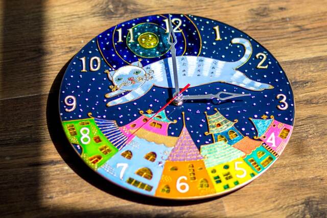 "Whimsical Art Clock Cat, Handpainted Stained Glass Wall Clock D 14 " - image 1