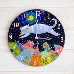 "Whimsical Art Clock Cat, Handpainted Stained Glass Wall Clock D 14 " - thumbnail 2