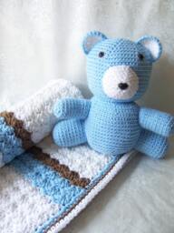 Crochet Baby Blanket, Blanket With Teddy Bear, White Blue Tan Shower Gift, For Boys