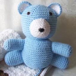 Crochet Baby Blanket, Blanket With Teddy Bear, White Blue Tan Shower Gift, For Boys - thumbnail 2