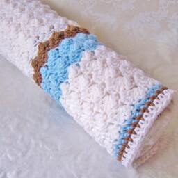 Crochet Baby Blanket, Blanket With Teddy Bear, White Blue Tan Shower Gift, For Boys - thumbnail 4