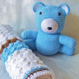 Crochet Baby Blanket, Blanket With Teddy Bear, White Blue Tan Shower Gift, For Boys - thumbnail 3