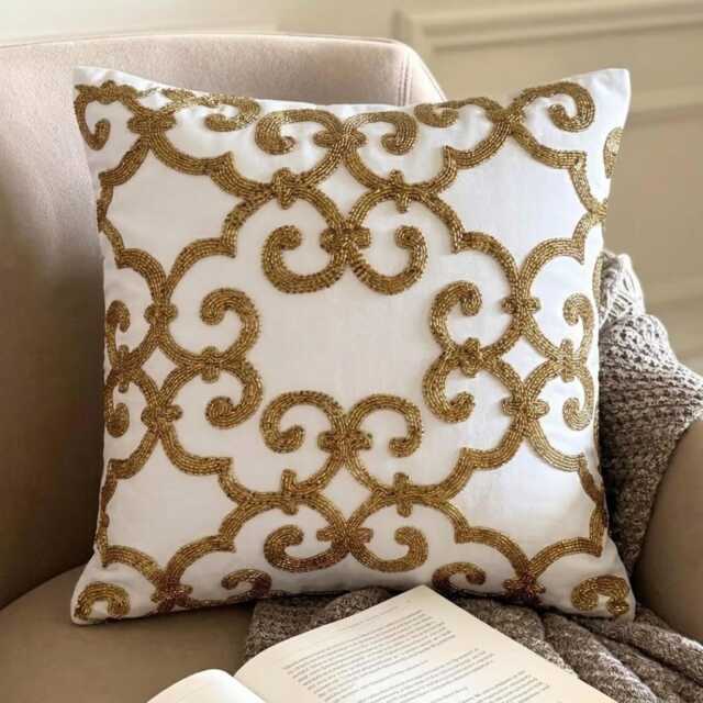 Gold Beaded Damask Pattern, Cotton Linen Modern Throw Pillow Cover/Euro Sham - Encrusted - image 1