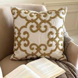 Gold Beaded Damask Pattern, Cotton Linen Modern Throw Pillow Cover/Euro Sham - Encrusted - thumbnail 2