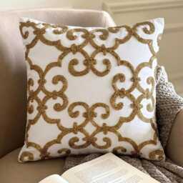 Gold Beaded Damask Pattern, Cotton Linen Modern Throw Pillow Cover/Euro Sham - Encrusted - thumbnail 1