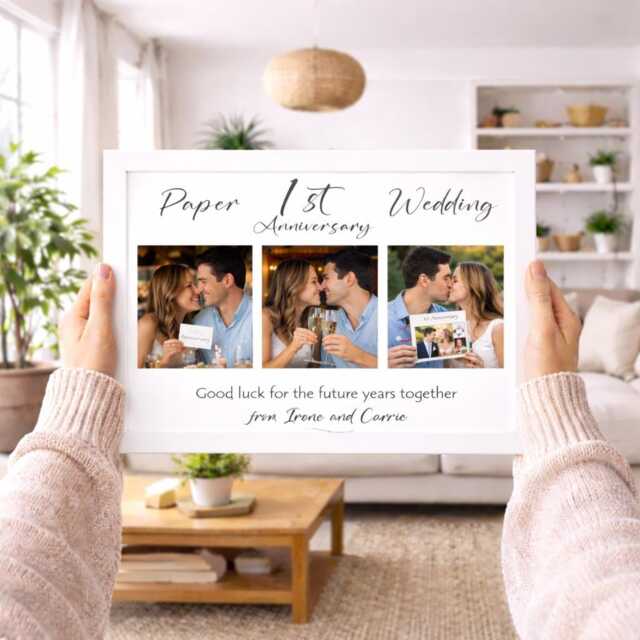 1st Paper Wedding Anniversary Personalised Photo Frame, Custom 3 Montage Gift For Couples, 1 Year Married Keepsake, 6 Frame Choices - image 1