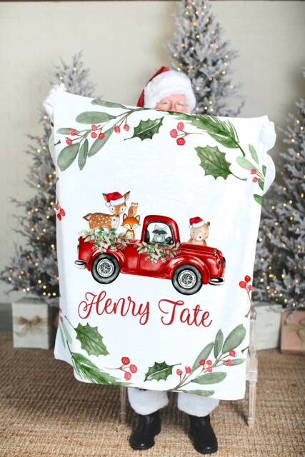 Personalized Woodland Christmas Blanket, Present For Kids With Creatures in Vintage Truck - image 1