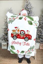 Personalized Woodland Christmas Blanket, Present For Kids With Creatures in Vintage Truck - thumbnail 1