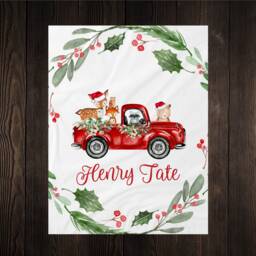 Personalized Woodland Christmas Blanket, Present For Kids With Creatures in Vintage Truck - thumbnail 2