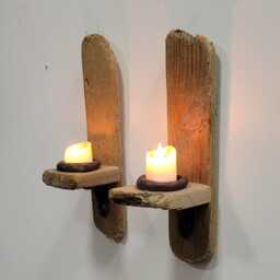 Pair Of Dorset Driftwood Night Light Candle Holder Wall Sconces Chunky Shabby Chic Hand Made - thumbnail 3