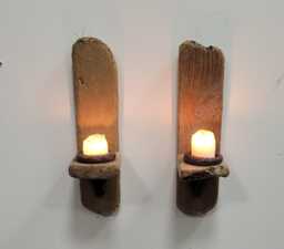 Pair Of Dorset Driftwood Night Light Candle Holder Wall Sconces Chunky Shabby Chic Hand Made - thumbnail 1
