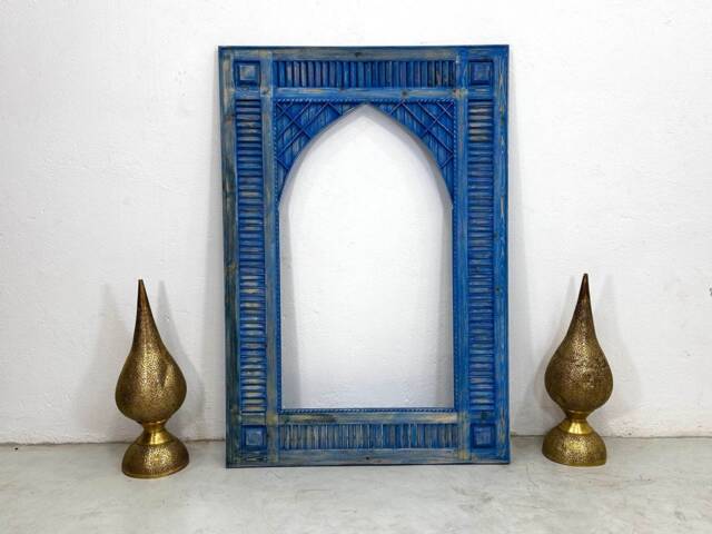 Beautiful Moroccan Wooden Mirror Frame, Blue Handmade Wood Mirror, Wall Traditional Vintage New Design - image 1