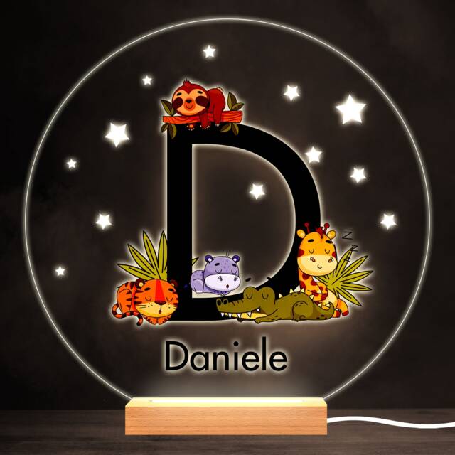 Sleeping Baby Safari Animals Letter D Round Personalised Gift Lamp Night Light - Bedroom - image 1