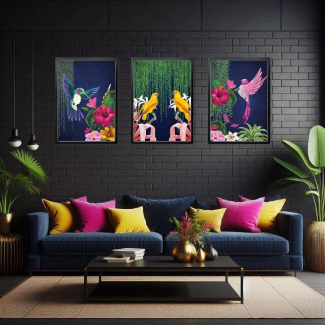 Vibrant Tropical Maximalist Art Print Set Of 3 - Navy, Pink & Yellow Exotic Bird & Botanical Jungle Poster - image 1