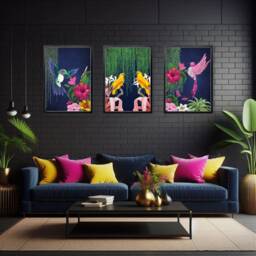 Vibrant Tropical Maximalist Art Print Set Of 3 - Navy, Pink & Yellow Exotic Bird & Botanical Jungle Poster