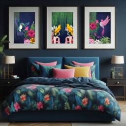 Vibrant Tropical Maximalist Art Print Set Of 3 - Navy, Pink & Yellow Exotic Bird & Botanical Jungle Poster - thumbnail 3