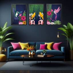 Vibrant Tropical Maximalist Art Print Set Of 3 - Navy, Pink & Yellow Exotic Bird & Botanical Jungle Poster - thumbnail 2