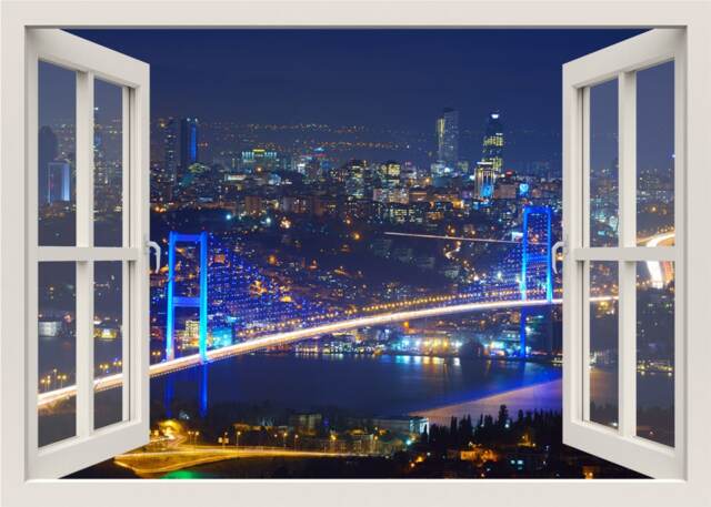 Turkey Istanbul City Wall Decal, Bridge Bosphorus View Mural, 3D Window Sticker