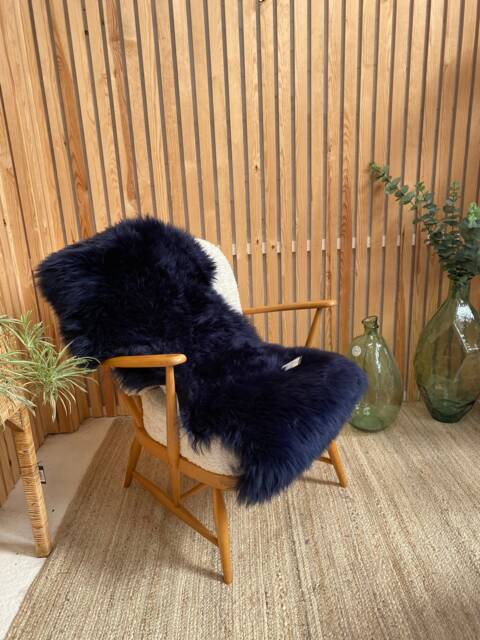 Navy Genuine Sheepskin Rug, Single Size, Interior Throw, Office Chair Cover, Natural Wool, Home - image 1