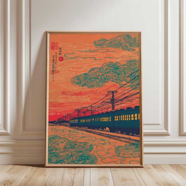Orange Japanese Night Train Poster - Woodblock Style Railway Illustration Art - image 1
