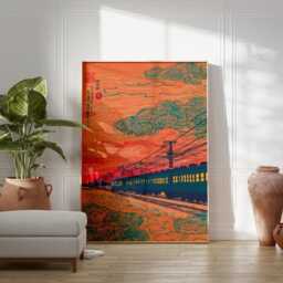 Orange Japanese Night Train Poster - Woodblock Style Railway Illustration Art - thumbnail 3