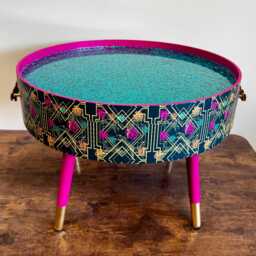 Round Coffee Table , Hot Pink & Teal Art Deco Leopard. Turquoise Glitter. Cheetah Table, Lift Off Top For Storage. End Lounge