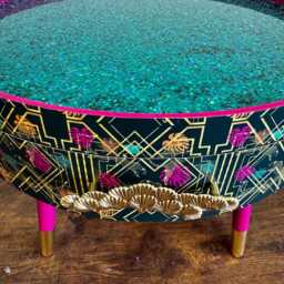 Round Coffee Table , Hot Pink & Teal Art Deco Leopard. Turquoise Glitter. Cheetah Table, Lift Off Top For Storage. End Lounge - thumbnail 4