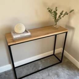 Handmade Solid Oak Console Table Black Steel Frame Hallway Table - thumbnail 2