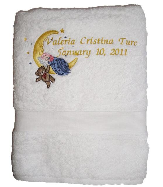 White Bath Towel, Custom Embroidered Baby On Moon Embroidery Design