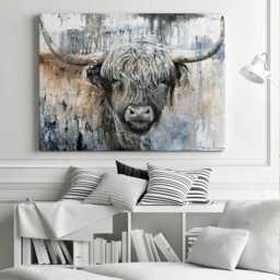 Weathered Highland Cow Canvas Print, Rustic Farmhouse Wall Art - thumbnail 2