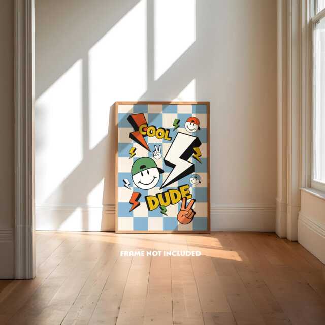 Cool Kids Print, Boys Room Art, Lightening Bolt, Retro Style Bedroom Prints, Colourful Decor, Teen Checkerboard - image 1