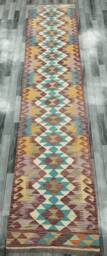 Runner Rug Multicolour, Handmade Artisan Afghan Turkish Aztec Navajo Wool Kilim 388x84 cm - thumbnail 1