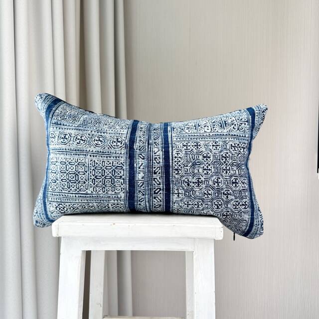 "Vintage Indigo Hand Block Print Pillow Cover Hmong Hemp Cushion - 12"" X 20" - image 1