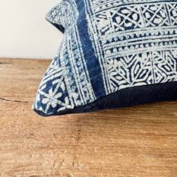 "Vintage Indigo Hand Block Print Pillow Cover Hmong Hemp Cushion - 12"" X 20" - thumbnail 3