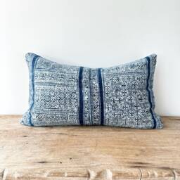 "Vintage Indigo Hand Block Print Pillow Cover Hmong Hemp Cushion - 12"" X 20" - thumbnail 2