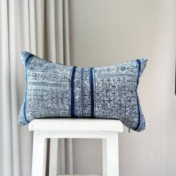 "Vintage Indigo Hand Block Print Pillow Cover Hmong Hemp Cushion - 12"" X 20" - thumbnail 1