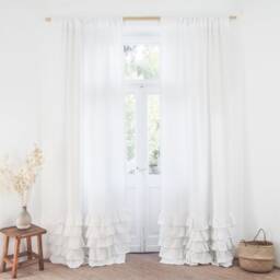 White Heavy Linen Curtain Panel With Ruffles, Rod Pocket - thumbnail 2