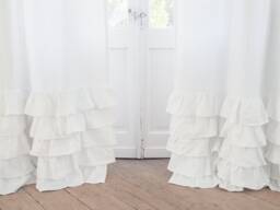 White Heavy Linen Curtain Panel With Ruffles, Rod Pocket