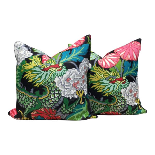 Schumacher Chiang Mai Dragon Linen Pillow in Ebony. Designer Pillows, High End Pink Green Floral Pillow, Euro Sham Cover - image 1