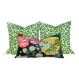 Schumacher Chiang Mai Dragon Linen Pillow in Ebony. Designer Pillows, High End Pink Green Floral Pillow, Euro Sham Cover - thumbnail 3