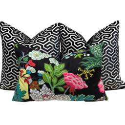 Schumacher Chiang Mai Dragon Linen Pillow in Ebony. Designer Pillows, High End Pink Green Floral Pillow, Euro Sham Cover - thumbnail 2