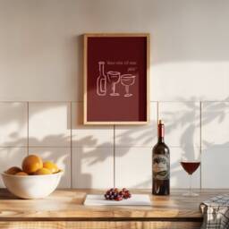 Wine, Please - Wine Illustration, Kitchen Art Print, French Minimalist Art, Dining Room Unframed Trendy Poster - thumbnail 1