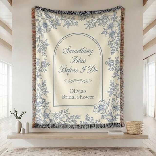 Custom Bridal Shower Woven Blanket, Something Blue Before I Do Throw, Floral Throw Elegant Blanket Decor, Bride To Be Decor - image 1