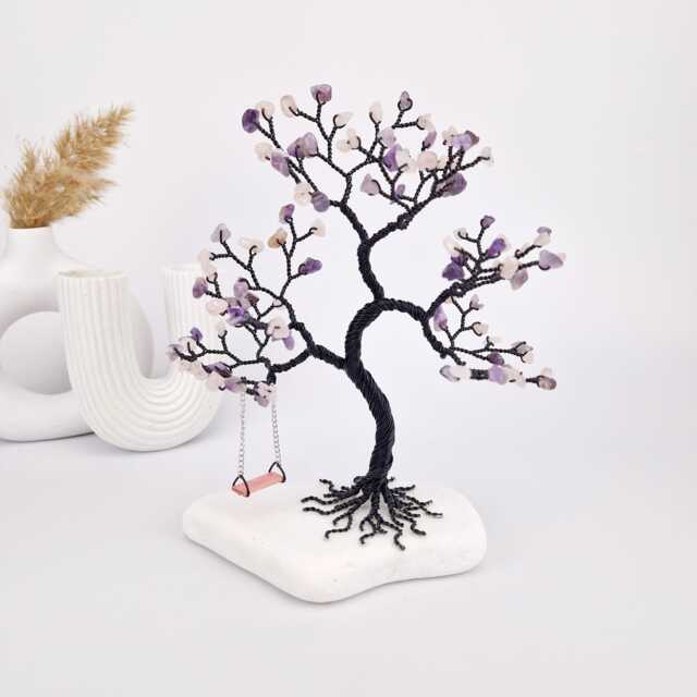Black Wire Tree With Quartz Crystals, Desk Decor, Artistic Sculpture - image 1