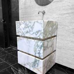Calacatta Green Marble Vanity Pedestal Sink, Modern Freestanding Bathroom Vanity - thumbnail 3