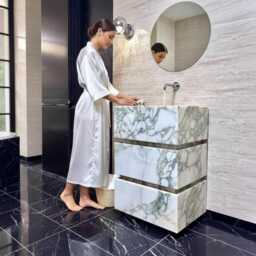 Calacatta Green Marble Vanity Pedestal Sink, Modern Freestanding Bathroom Vanity - thumbnail 2