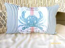 Blue Crab Pillow Vintage French Nautical Decor, Beach House Accent - thumbnail 1