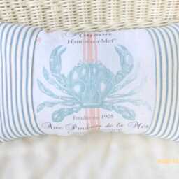 Blue Crab Pillow Vintage French Nautical Decor, Beach House Accent - thumbnail 3