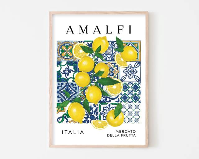 Colorful Italian Lemon Art Print Amalfi Coast Citrus Market Decor, Mediterranean Fruit Poster